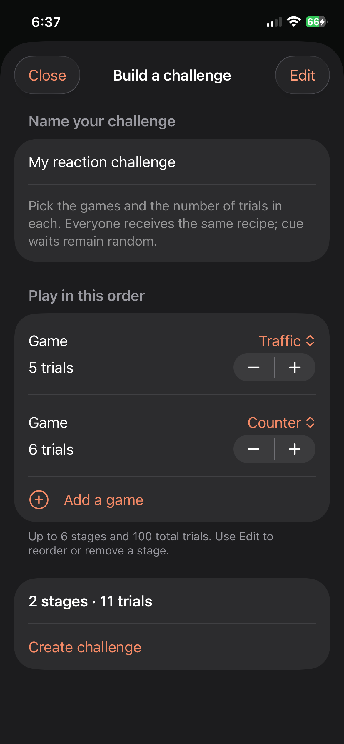 The challenge builder combines five Traffic trials and six Counter trials.
